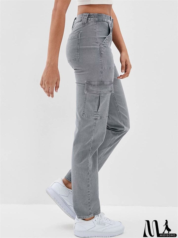 MidiSono - Women's Casual Washed Effect Multi-Pockets Button Grey Cargo Pants