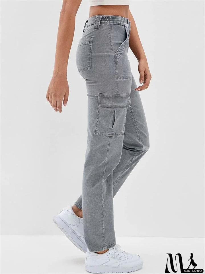 MidiSono - Women's Casual Washed Effect Multi-Pockets Button Grey Cargo Pants