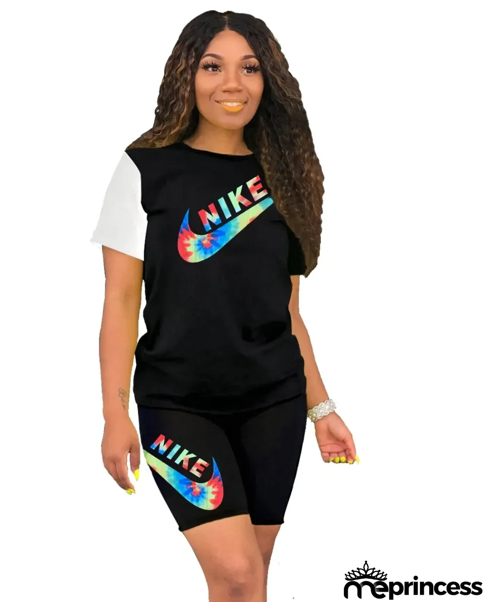 Summer Casual Print Two Piece Biker Shorts Set