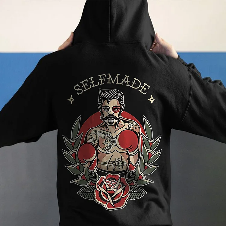 Self-made Boxing Man Floral Print Loose Black Hoodie