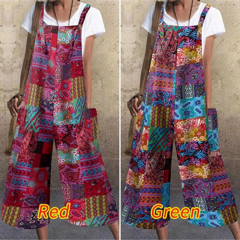 VONDA Loose Rompers 2022 Women Sexy Sleeveless Casual Wide Leg Jumpsuits  Vintage Printed Beach Overalls Femme Pants