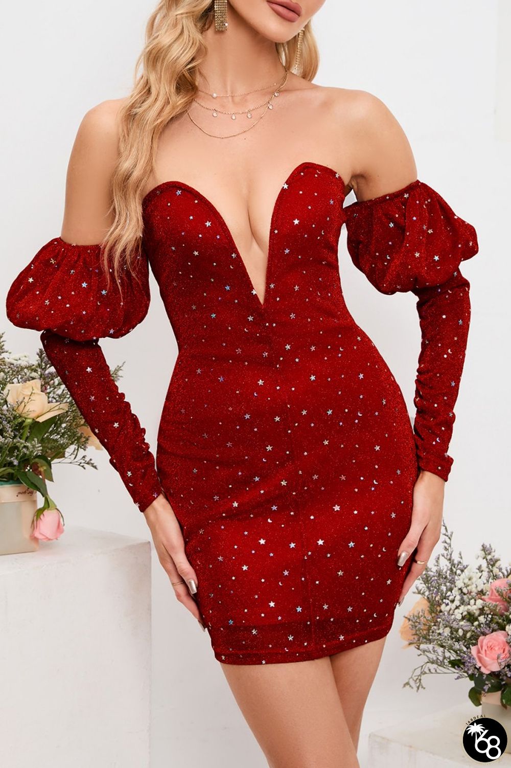 Red Sexy Party Patchwork The stars Backless V Neck Long Sleeve Dresses | 168DEAL