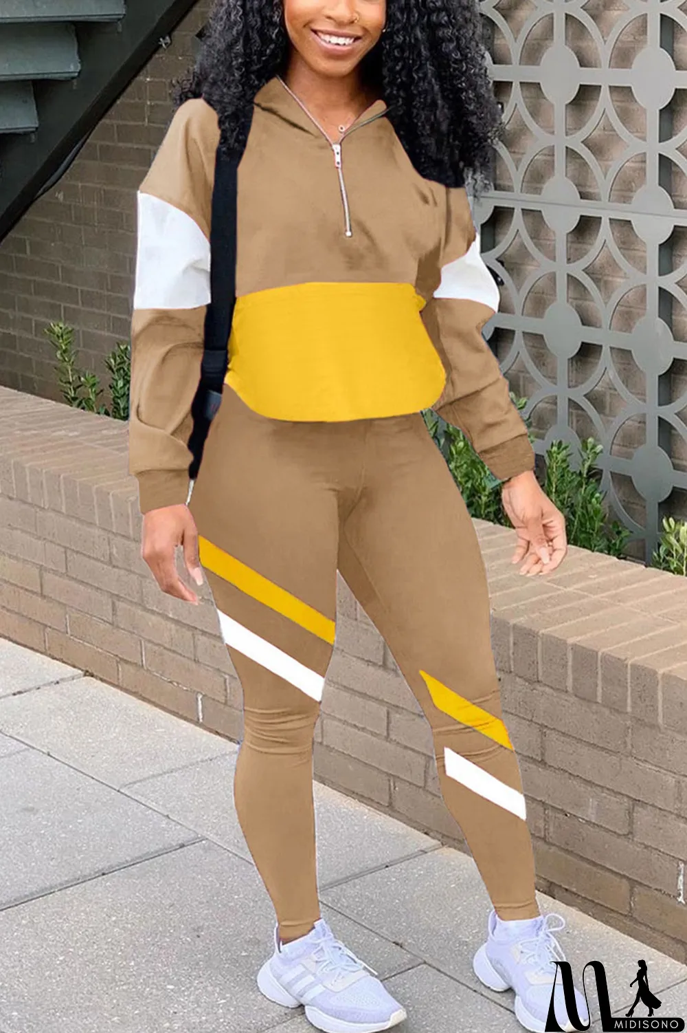 MidiSono - Fluorescent green Casual Striped Print Zippered Split Joint Mandarin Collar Long Sleeve Two Pieces