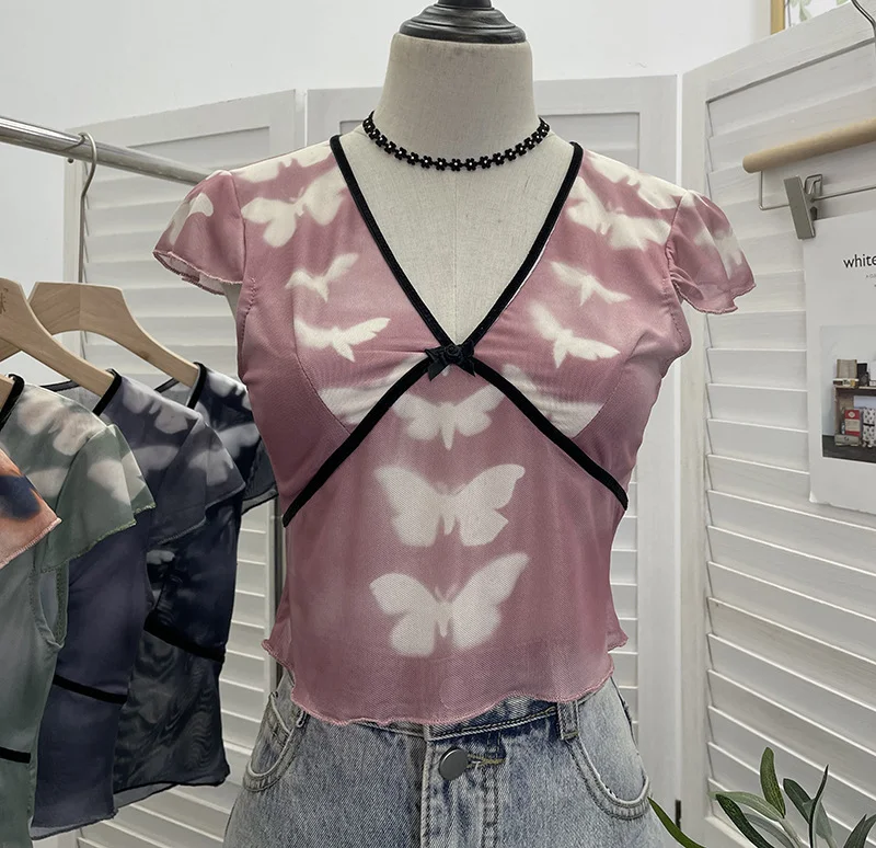 Uveng Sexy Hottie V-Neck Butterfly Print Short-Sleeved T-Shirt Slime Short-Navel Net T-Shirt Girl 9920