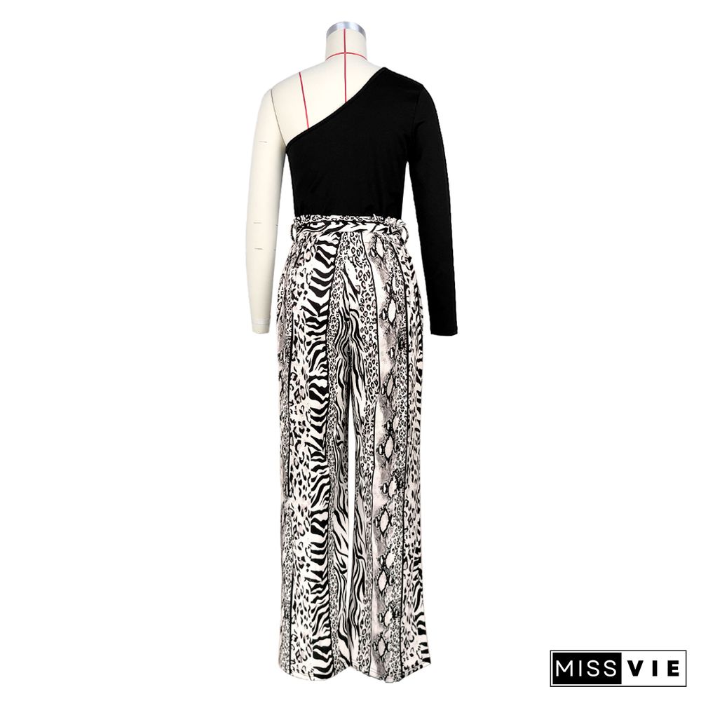 Single Shoulder Patchwork Lace Up Wide Leg Jumpsuits