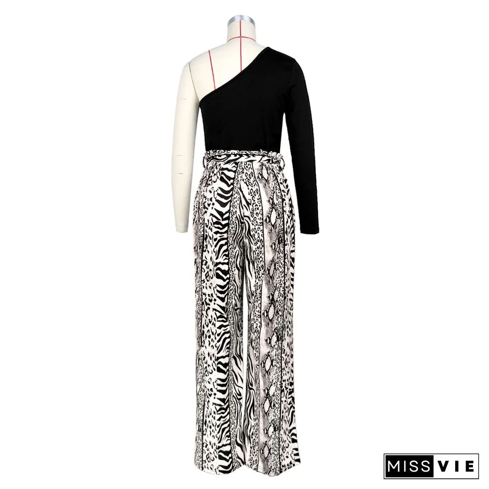 Single Shoulder Patchwork Lace Up Wide Leg Jumpsuits