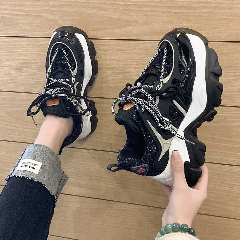 Green Glitter Basketball Sneakers For Women Fashion Platform Chunky Sneakers Woman 2022 Spring Thick Bottom Sports Shoes