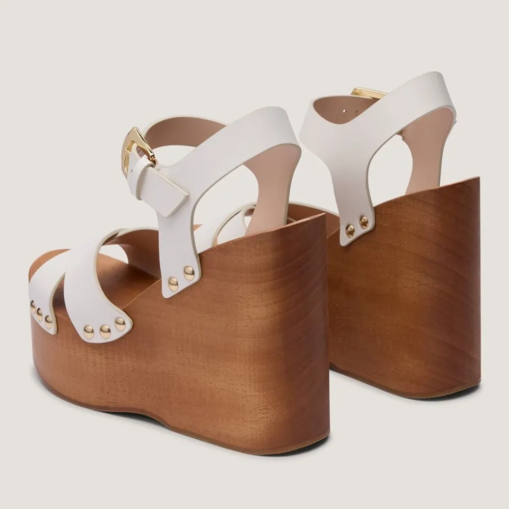 White Criss Cross Open Toe Wedge Heel Platform Ankle Strap Sandals