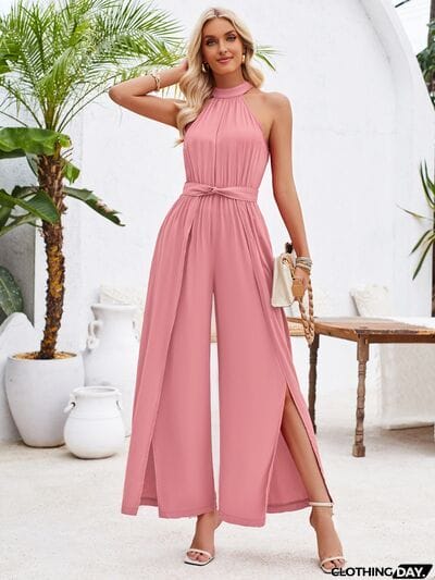 Ruched Slit Tied Sleeveless Jumpsuit