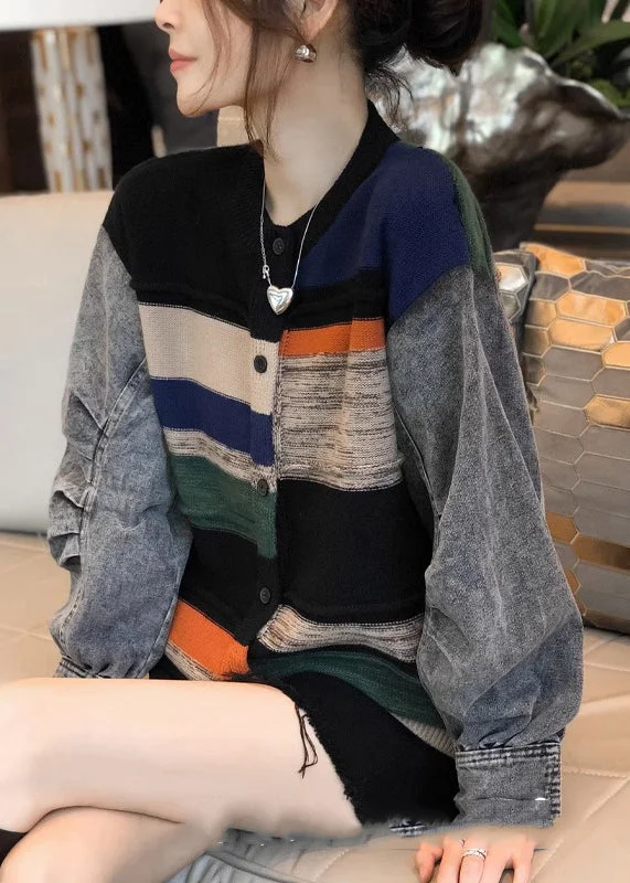 Colorblock Denim Patchwork Knitted Sweater Coat Women Autumn And Winter 2023