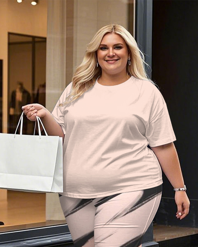 Women's Plus Size Solid Color T-Shirt and Printing Stripes Trousers Suit