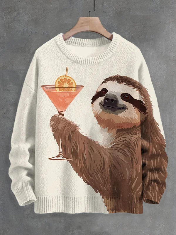 Men's Sloth Cheers Cocktail Art Print Knit Sweatshirt