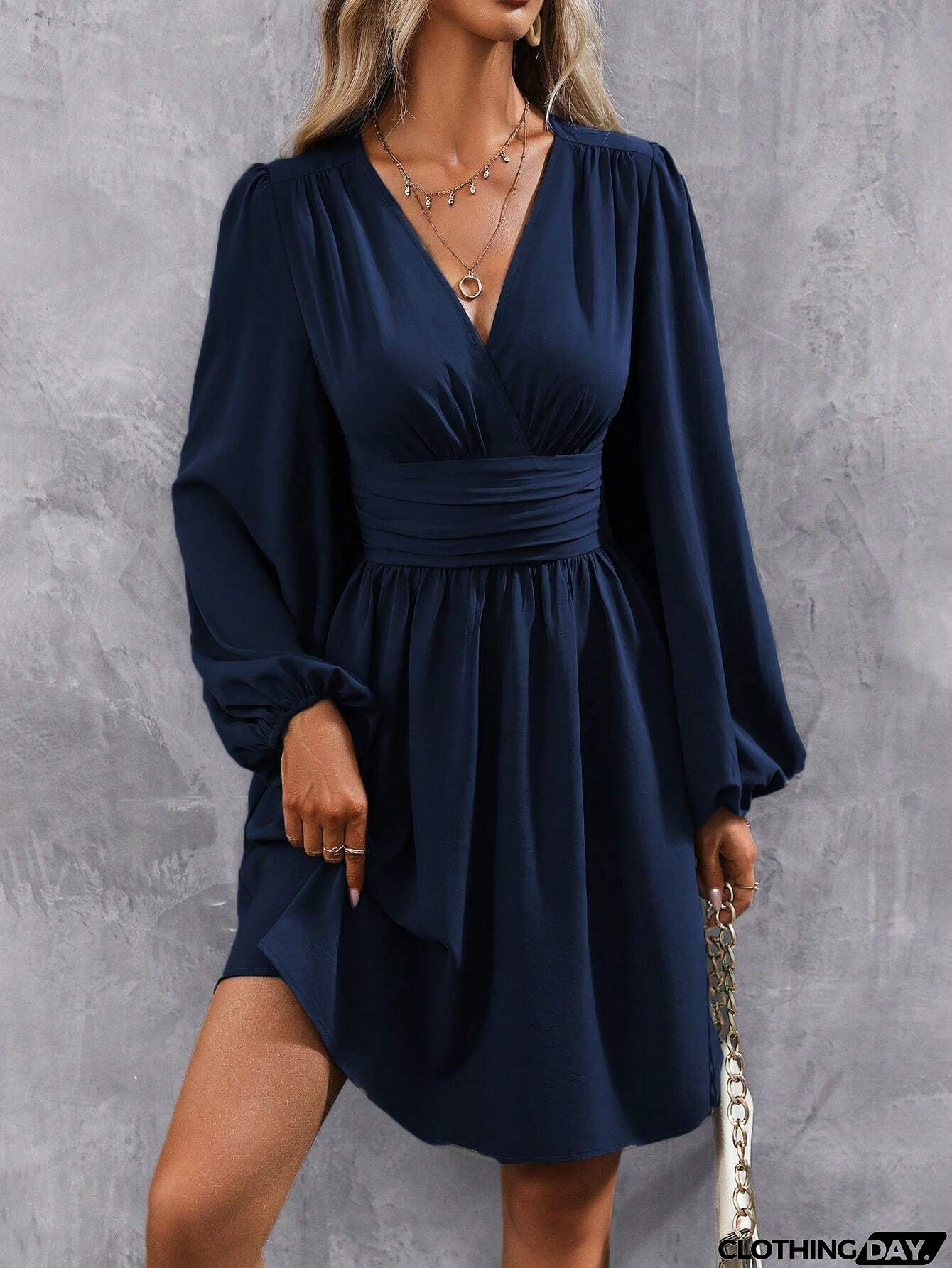 V Neck Puff Sleeve Slit Hem Mini Dress