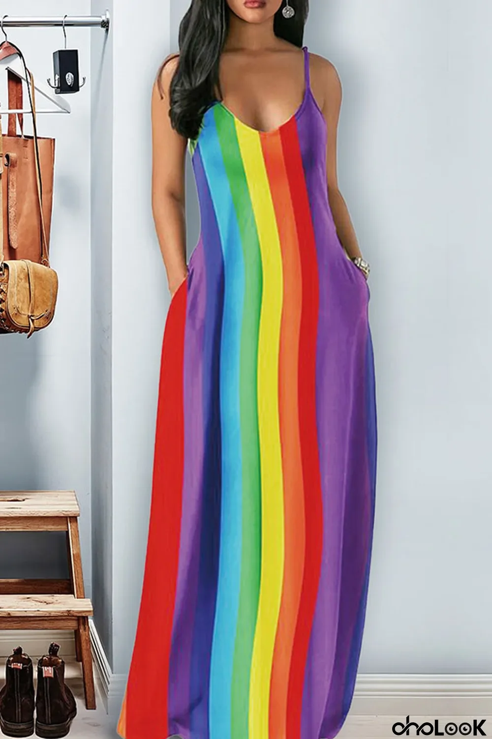 Multi-color Fashion Sexy Spaghetti Strap Sleeveless Slip Pleated Floor-Length Print asymmetrical Patchwork