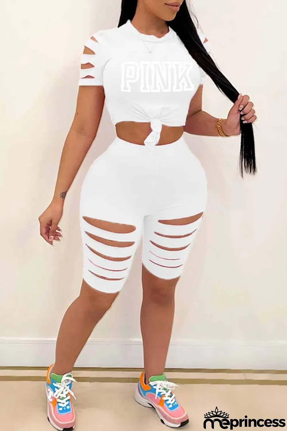 Black Casual Print Ripped Letter O Neck Short Sleeve Two Pieces