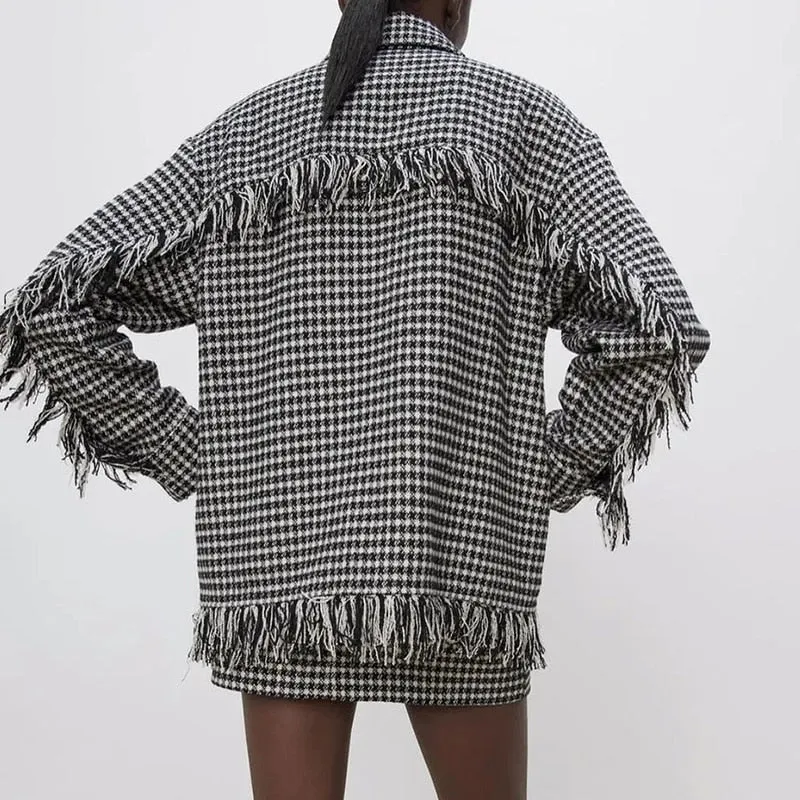 Za Women Shirts Oversize Houndstooth Jacket coats With Pocket Female Vintage Plaid Jacket Spring Tassel Coat TRF Mujer 2021 New