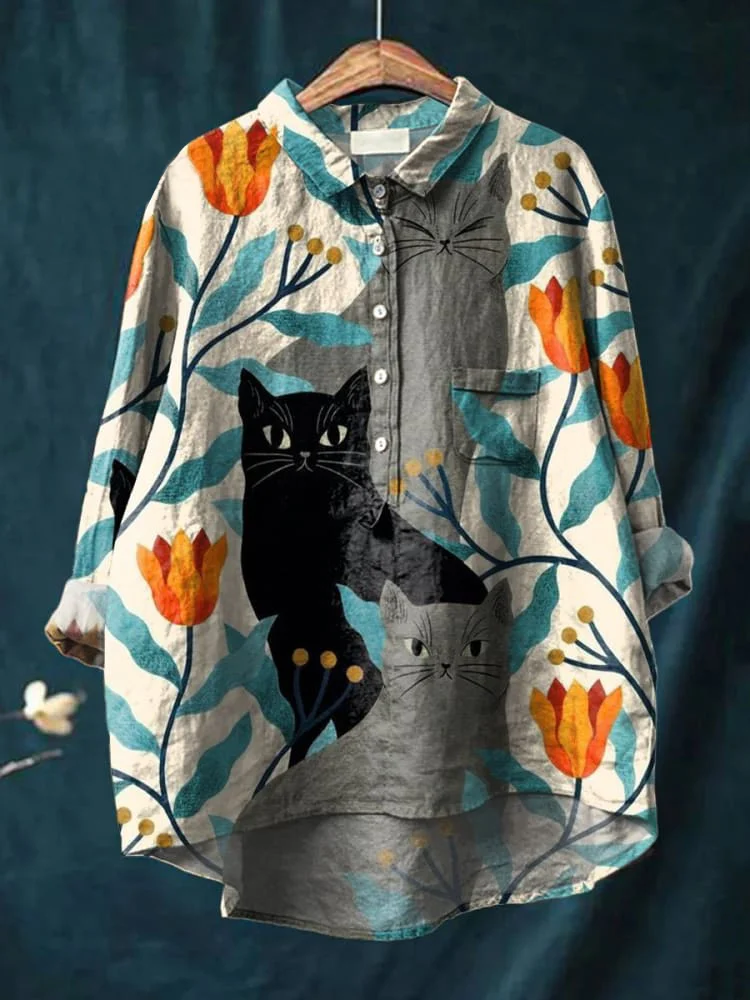 Womens Three Plant Kittens Print Casual Cotton And Linen Shirt