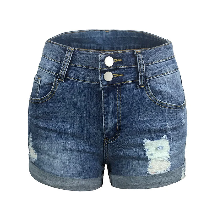 Uveng Commute Fashion Ripped Elastic High Waist Denim Shorts Women's Pants