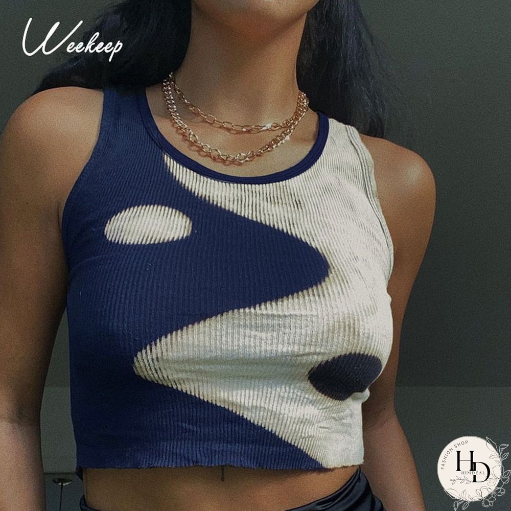 Weekeep Vintage Chinese Style Print Ribbed Crop Top Women Sleeveless Tank Top Summer Punk Fitness New Streetwear 90S Fashion Tee