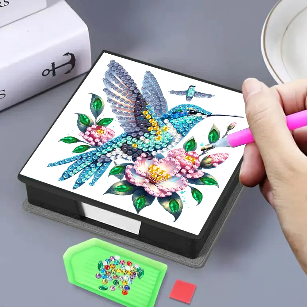 5D DIY PU Diamond Art Note Box with 160 Sheets Paper Memo Pad Holder (Bird)