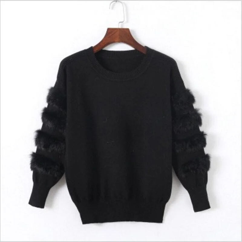 2021 Autumn And Winter New Women's Fashion Rabbit Fur Decorative Sleeve Sweater Solid Color Pullover Sweater Sweater