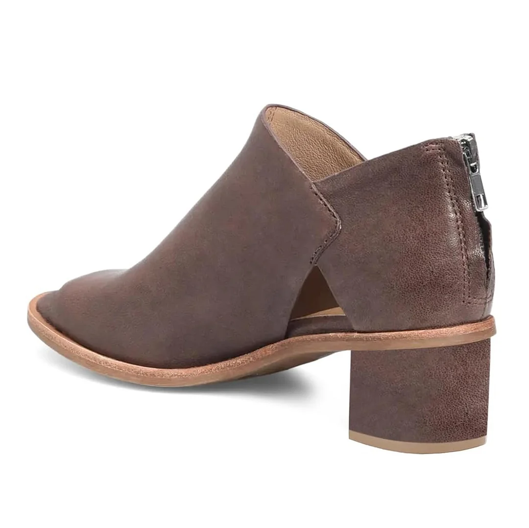 Brown Vegan Leather Square Toe Back-Zip Block Heel Ankle Boots 