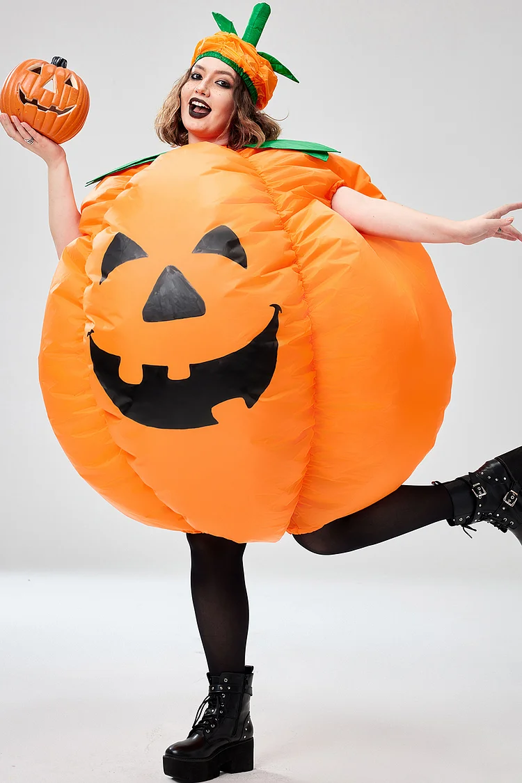 Xpluswear Design Plus Size Halloween Costume Orange Cosplay Inflatable Pumpkin Mini Dress(Ships in US)