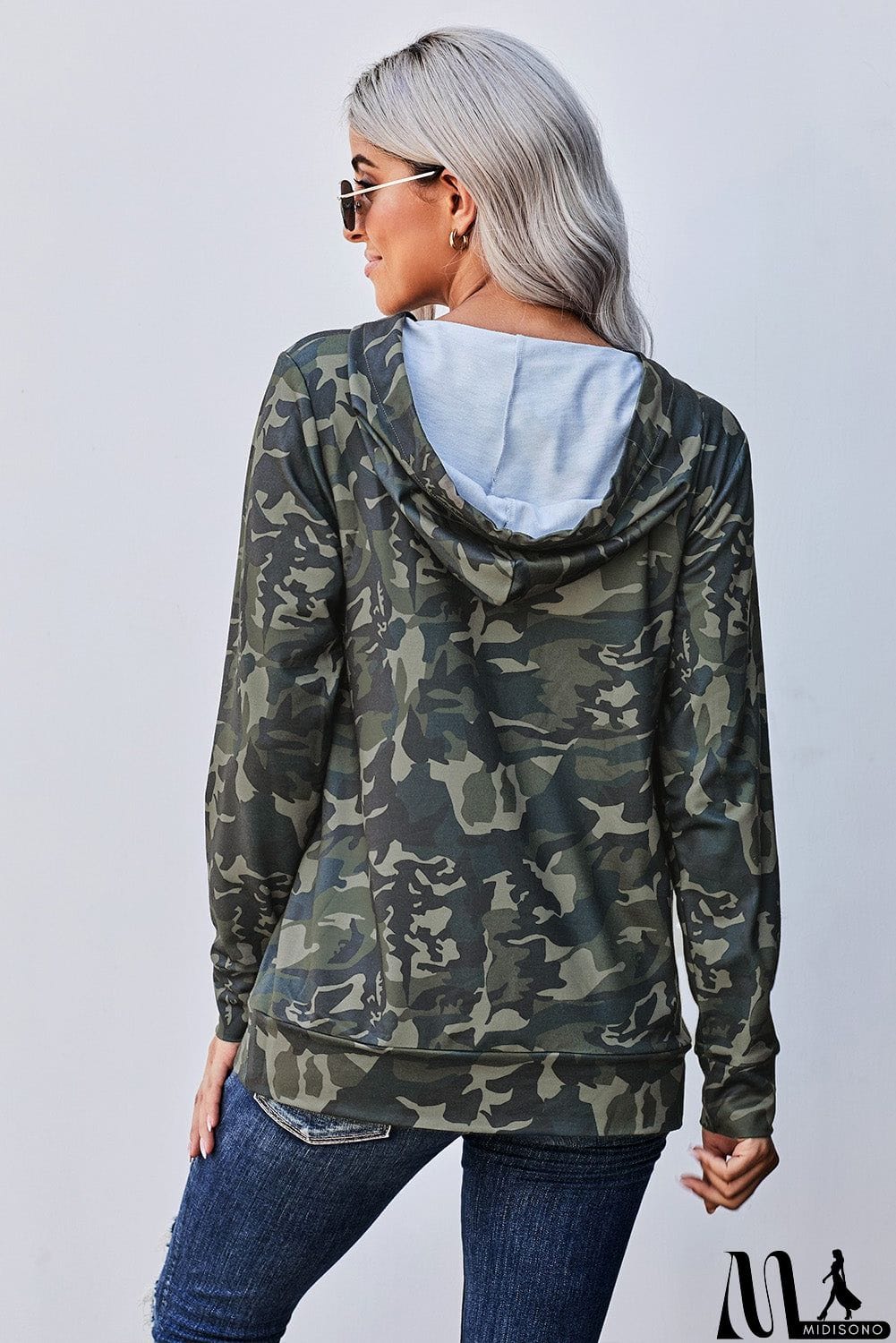 MidiSono - Green Camo Print Kangaroo Pocket Hoodie