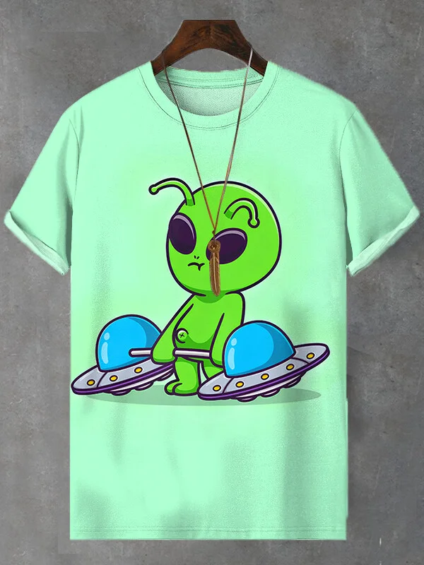 Men's Alien Weightlifting Spaceship Graphic Print T-Shirt