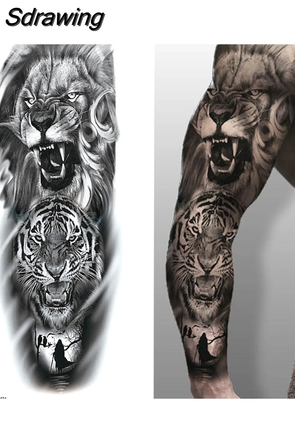 Sdrawing Sheets Full Arm Leg Extra Large Temporary Tattoos, Body Art For Men And Women - Wolf,Tiger,Bear,Warrior,Tribal Symbol 430-0