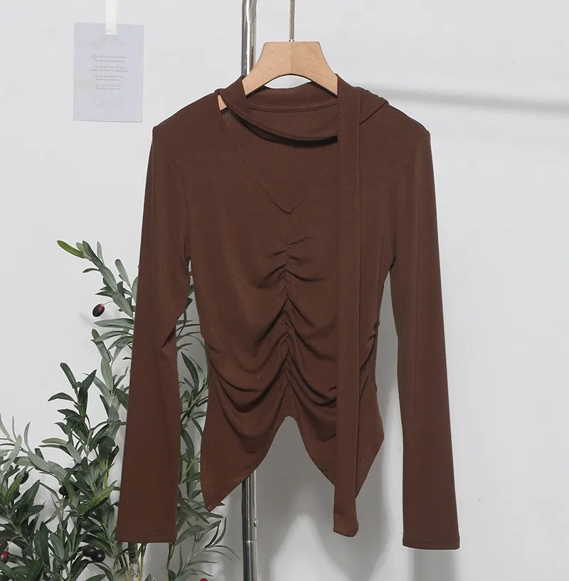 Uveng Real Shooting Explosion Long-Sleeved T-Shirt Girl Autumn Folded Waist-Bottomed Shirt V-Neck Ribbon Open Fork Short Top 9080
