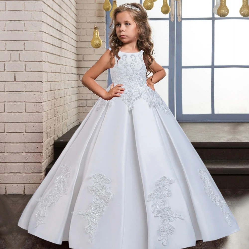 5-14 Y Beading Long Girl Wedding Dress Elegant Kids Clothing Party Pageant Formal Teenagers Princess Dress Children's Girl Dress