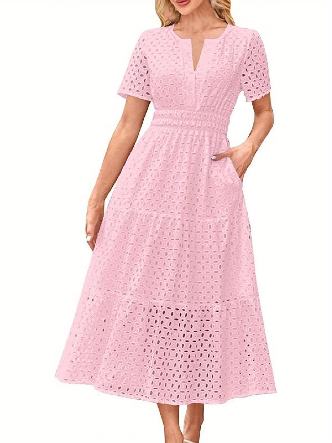 Eyelet Dresses For Women 2025 Short Sleeve Dresses Casual V Neck Maxi Sundress Summer Vacation SunDress | IFYHOME