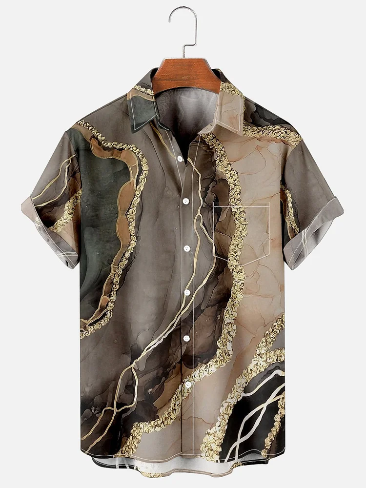 Mens Nature Marble Effect Print Casual Breathable Chest Pocket Short Sleeve Hawaiian Shirts