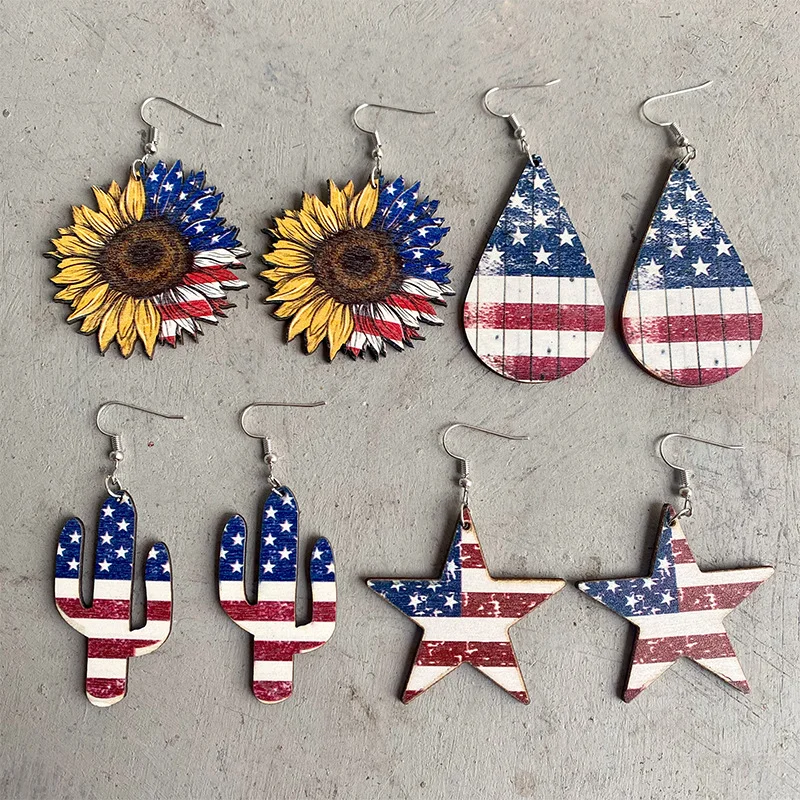 American Flag Cactus Wood Western Earrings