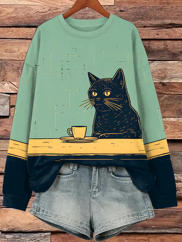 Women's Black Cat Chilling Coffee Art Print Sweatshirt