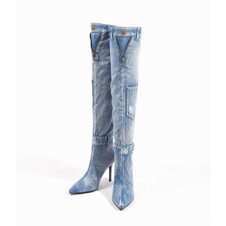 New Denim Over The Knee Elegant Slim Heel High Heel Riding Boots-PABIUYOU- Women's Fashion Leader