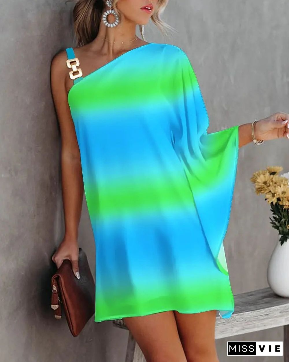 Bat Sleeve Off Shoulder Metal Suspender Dress for Women