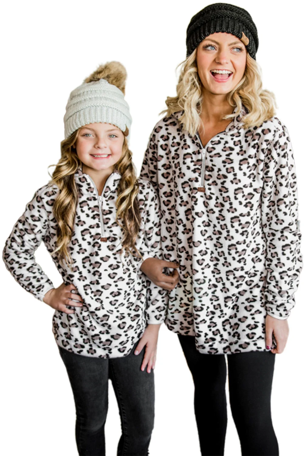White Family Matching Mom's Leopard Quarter Zip Fleece Sweatshirt