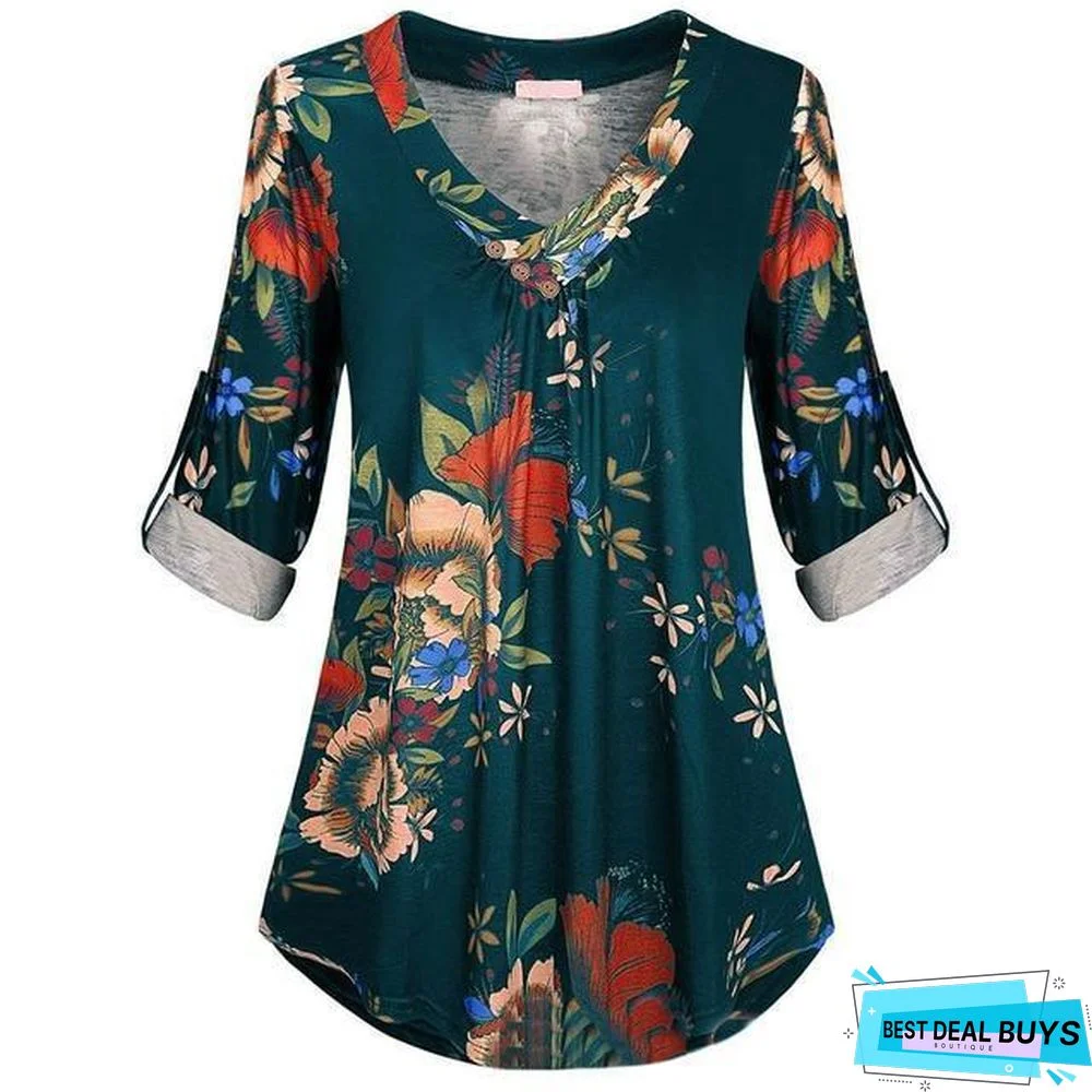 Plus Size Women Tunic Shirt Floral Print V-neck Blouses and Tops