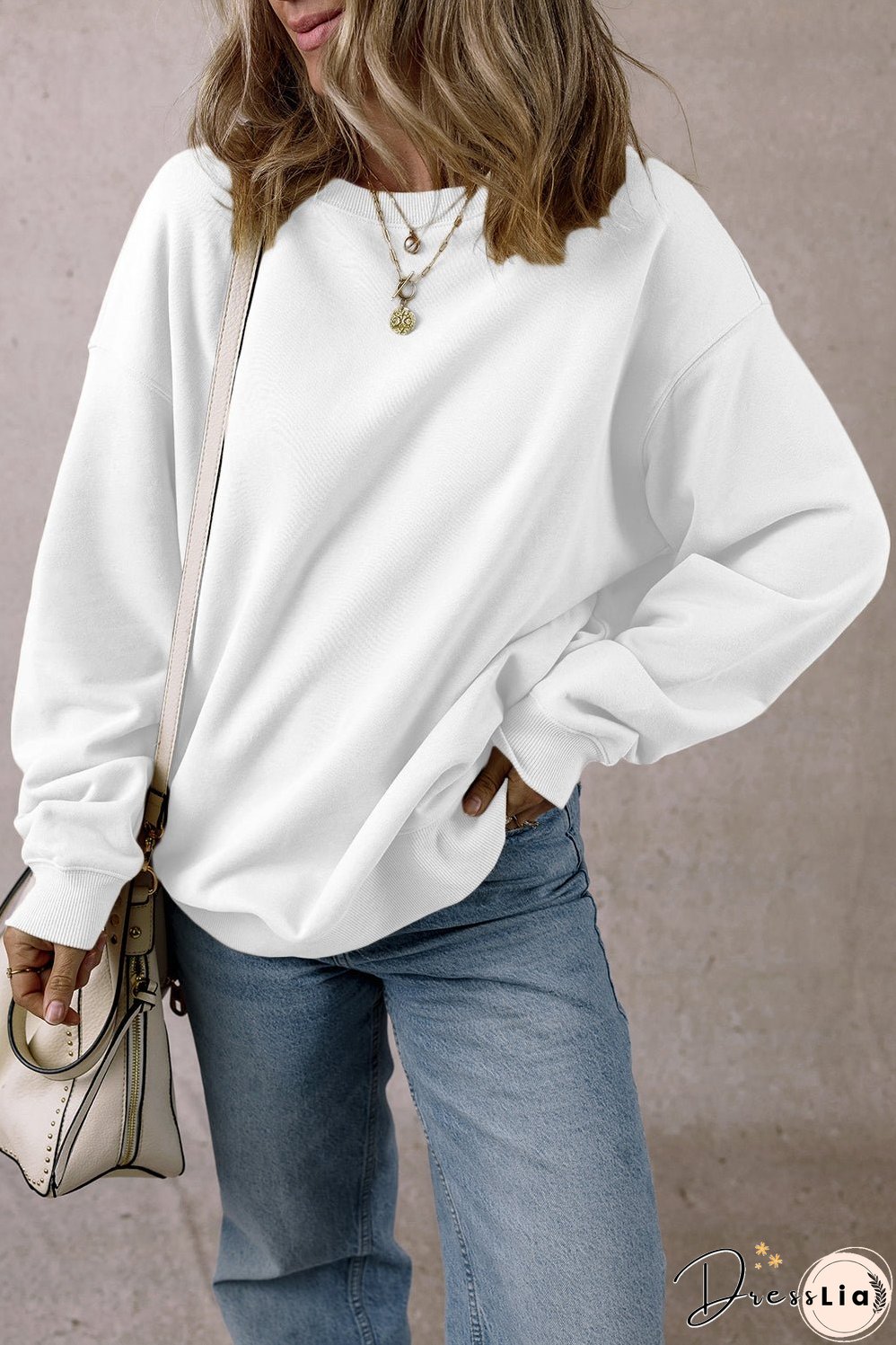 White Solid Loose Crew Neck Fleece Sweatshirt