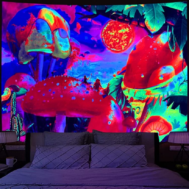 Fluorescent Tapestry Mushroom Wall Hanging Mat Glow Under Ultraviolet Light