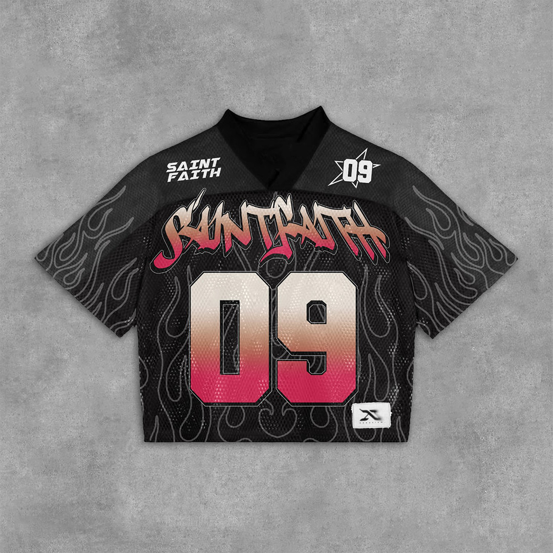 Sopula Vintage Saint Faith NO.09 Graphics Blokecore Blokette Football V-neck T-Shirt - SOPULA