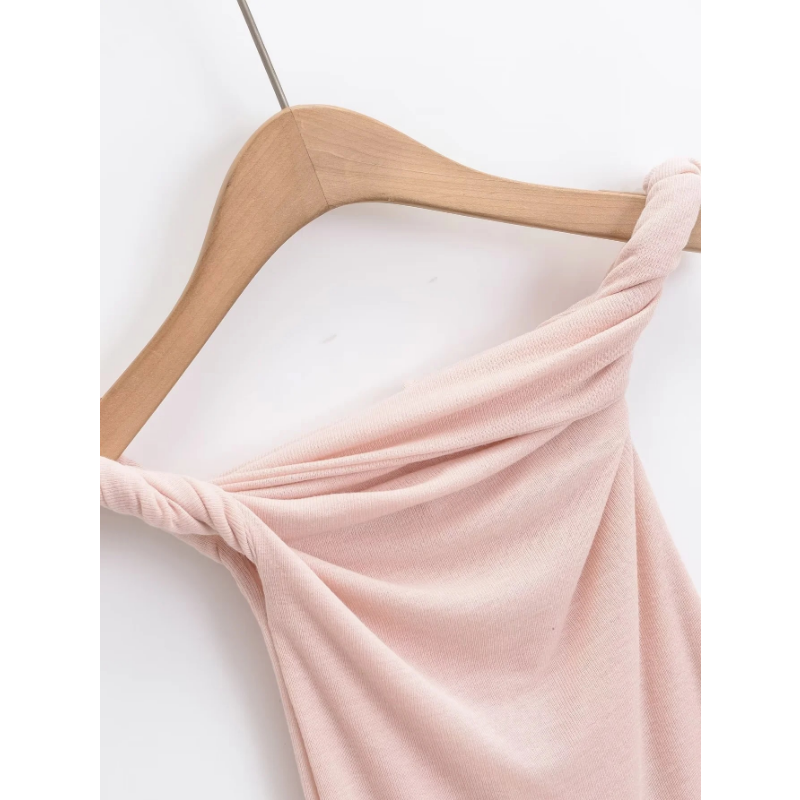 Ootddress Twist Off-Shoulder Slim T-shirt Solid Patchwork Elegant Backless Women's Top Y2k Top Pleated Casual Strapless Pullover Tee