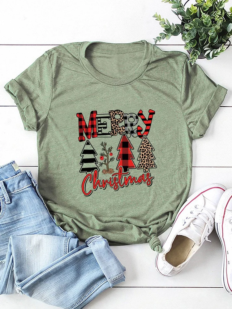 Bestdealfriday Merry Christmas Leopard Plaid Christmas Tree Printed Round Neck Casual Short Sleeve T-Shirt