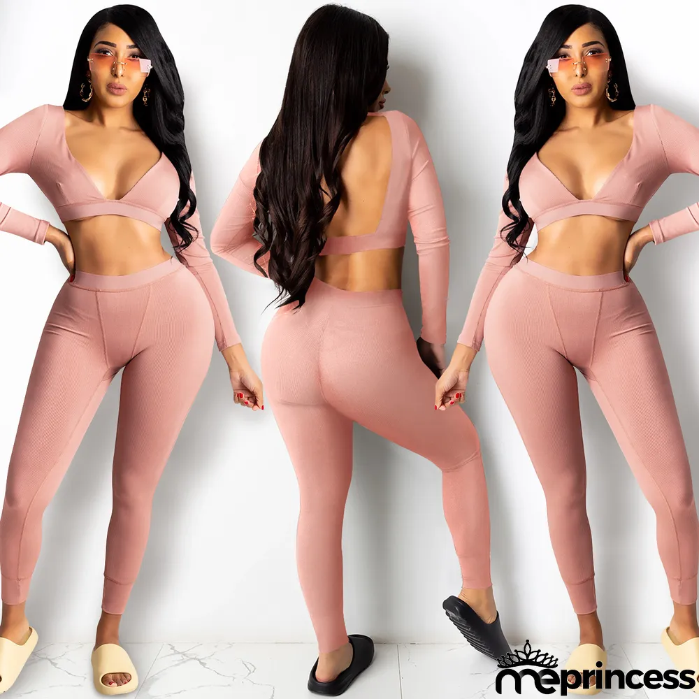 Sexy V-neck Knitted Fashion Casual Long-sleeved Two-piece Suit