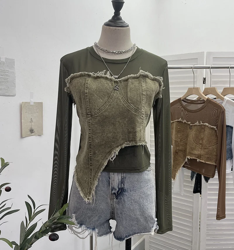 Churchf Design Feel Niche Cowboy Splicing Long-Sleeved Mesh T-Shirt Girl Summer Round Collar Dress Short Top 2617