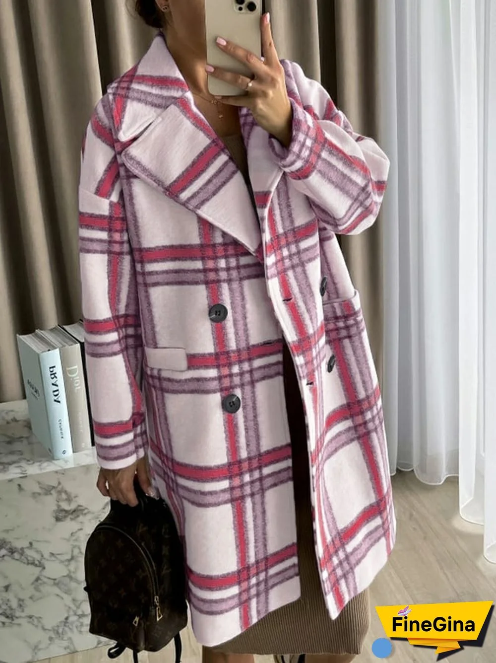 Women's Casual Fashion Plaid Printed Lapel Faux Wool Coat