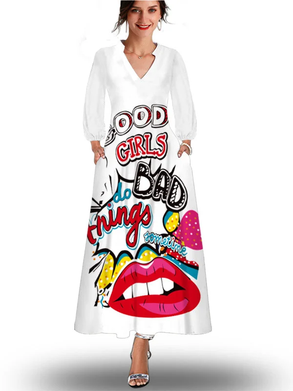Women Long Sleeve V-neck Maxi Dress Floral Printed Dress
