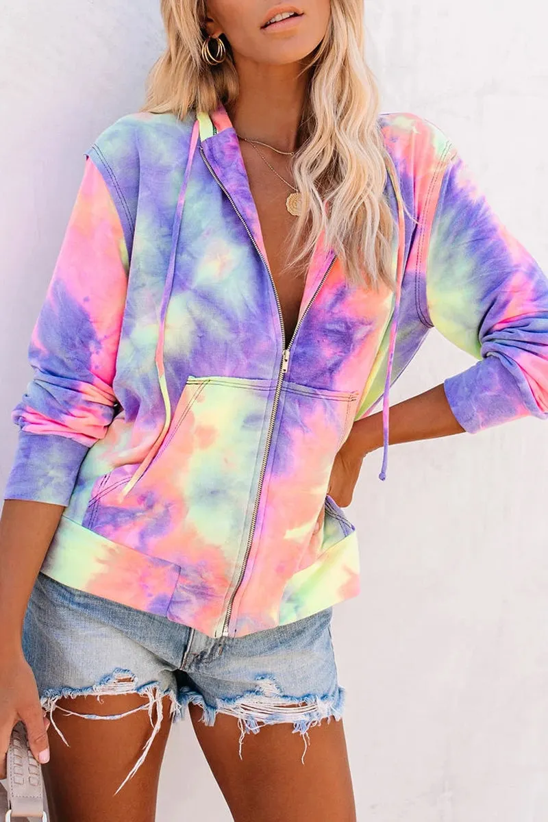 Hooded Collar Tie Dye Zipper Pocket Hoodies